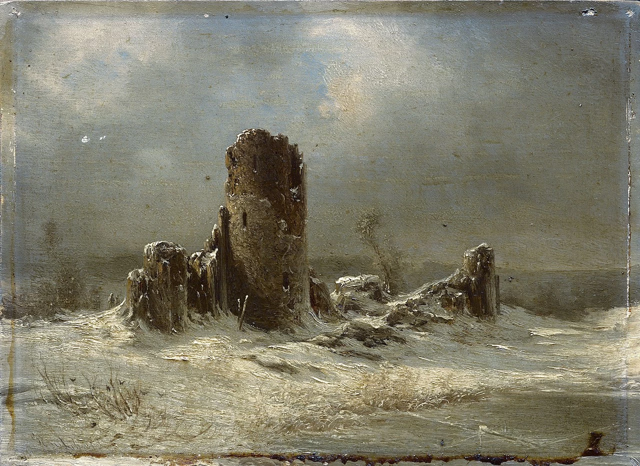 Rovina in un paesaggio innevato